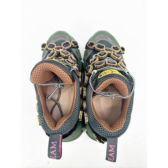 Gucci Flashtrek Chunky Green Gray Leather Crystal Embellished Sneakers Size 36 - Picture 2 of 9